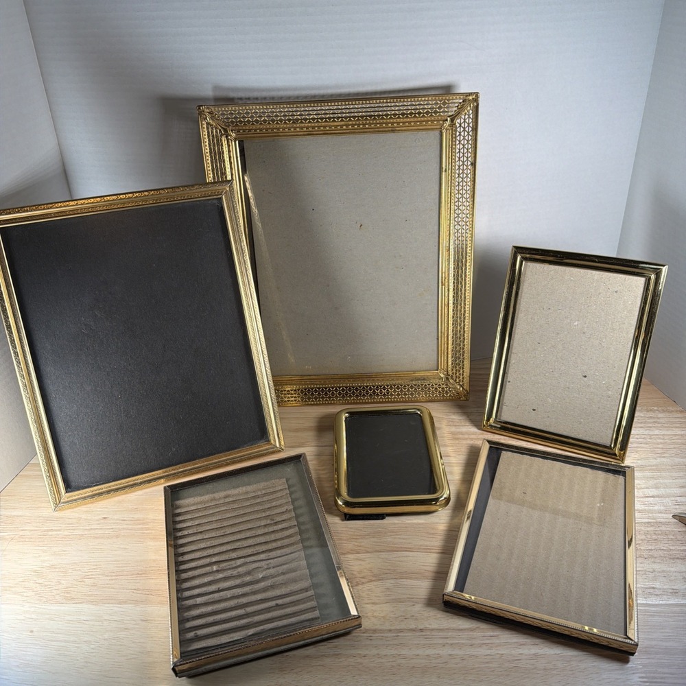 LOT OF 6 VINTAGE BRASS GOLD METAL PICTURE FRAMES (ASSORTED SIZES)